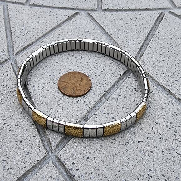 Milor Two Tone Polished Glitter Stainless Steel Stretchy Link Bracelet - Picture 3 of 7